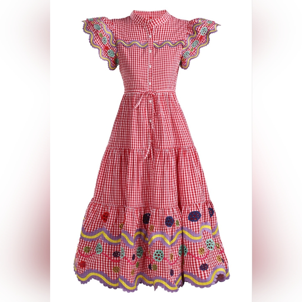 CeliaB Red Gingham Dress Floral Embroidery NWT Sz XS S